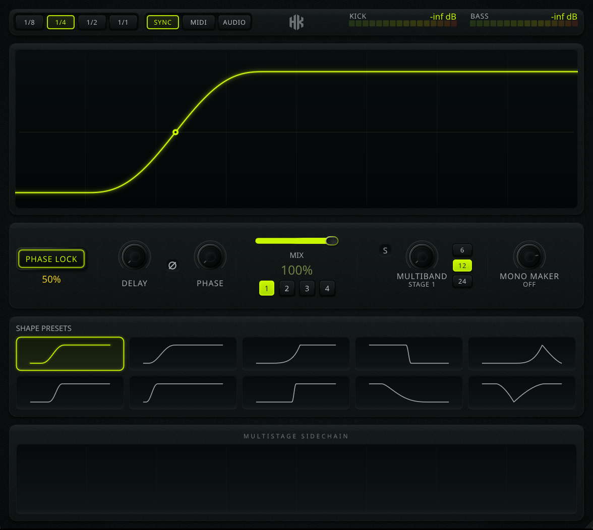 The MULTISTAGE SIDECHAIN interface: four stage tabs, the envelope editor with its curve, and the kick and bass overview below.